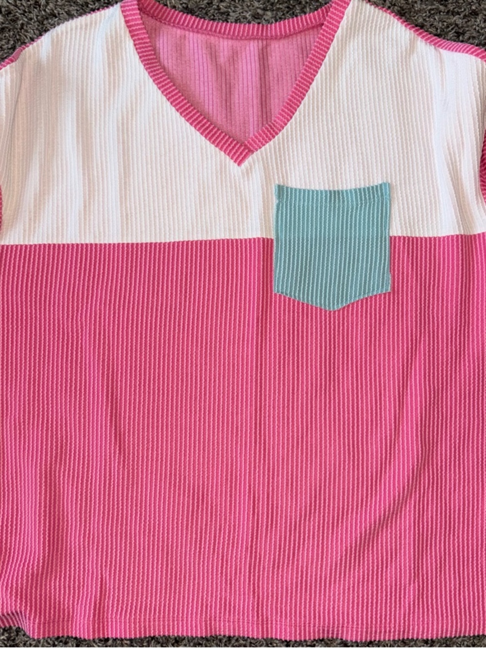 Pink and White V-Neck Top with Aqua Pocket